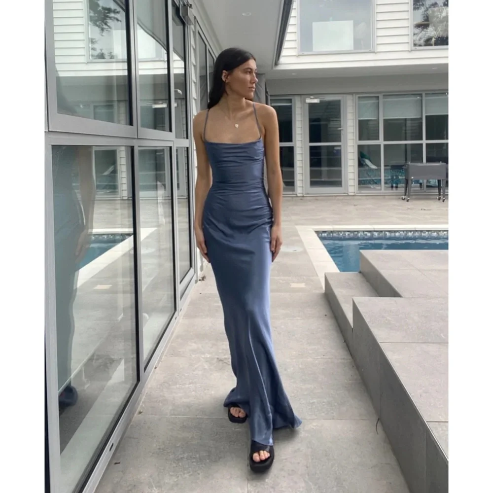 Shona Joy La Lune Cowl Neck Satin Lace Back Maxi Dress Smoke Blue - Picture 5 of 16